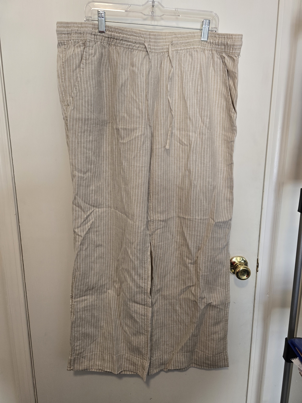 L.L. Bean Tan and White Pinstripe Straight Leg Drawstring Pants